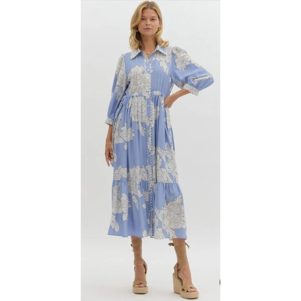 entro Blue Floral Midi Dress with Cream Print